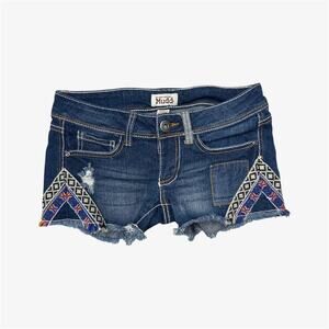 MUDD ultra low rise jean denim shorts boho patchwork distressed dark wash size 0